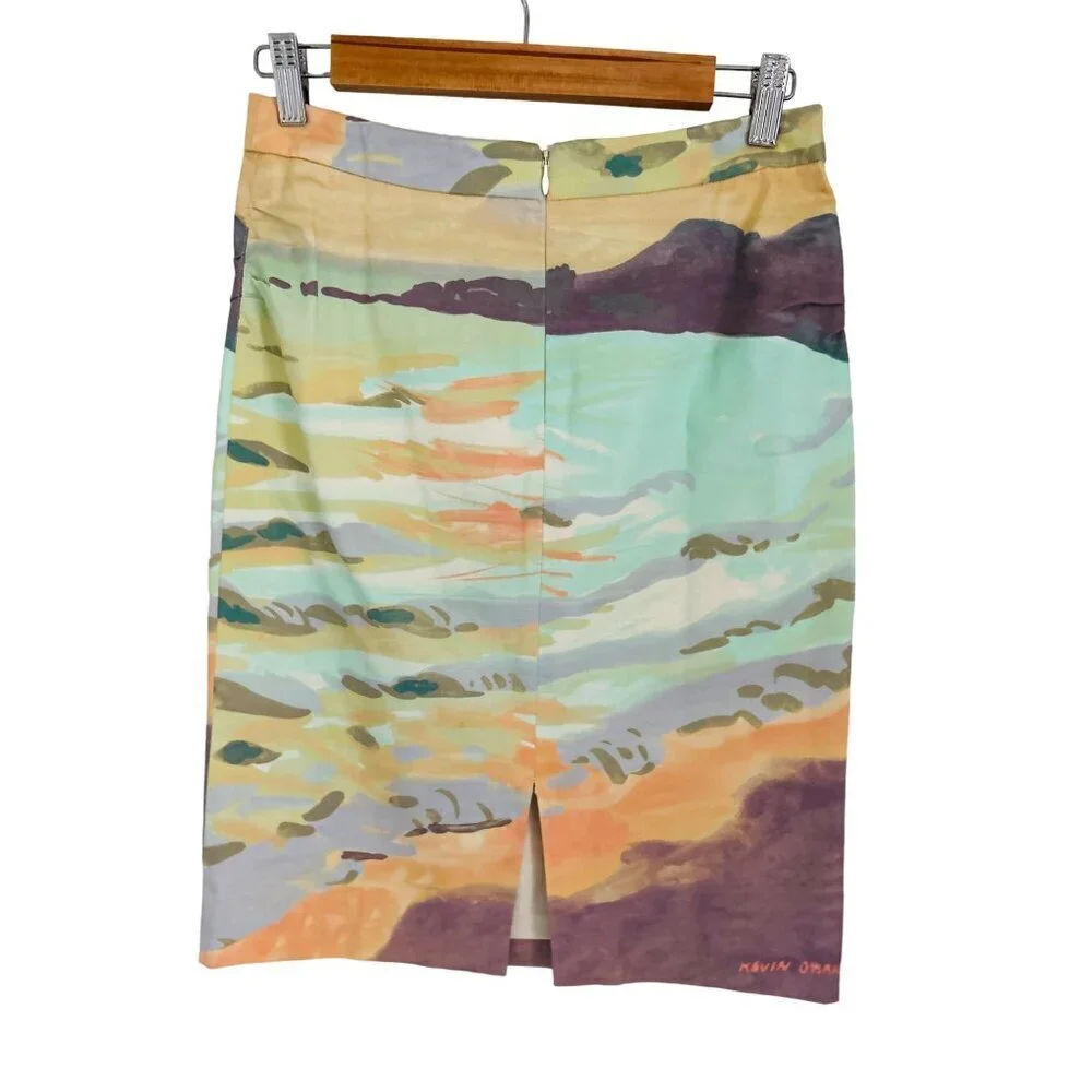 Anthropologie Kevin O'Brien Pencil Skirt Lined in Watercolor Landscape Size 00